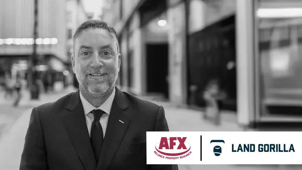 Promotional card for the AFX Research and Land Gorilla podcast session, showing the guest in a city street setting beside both company logos